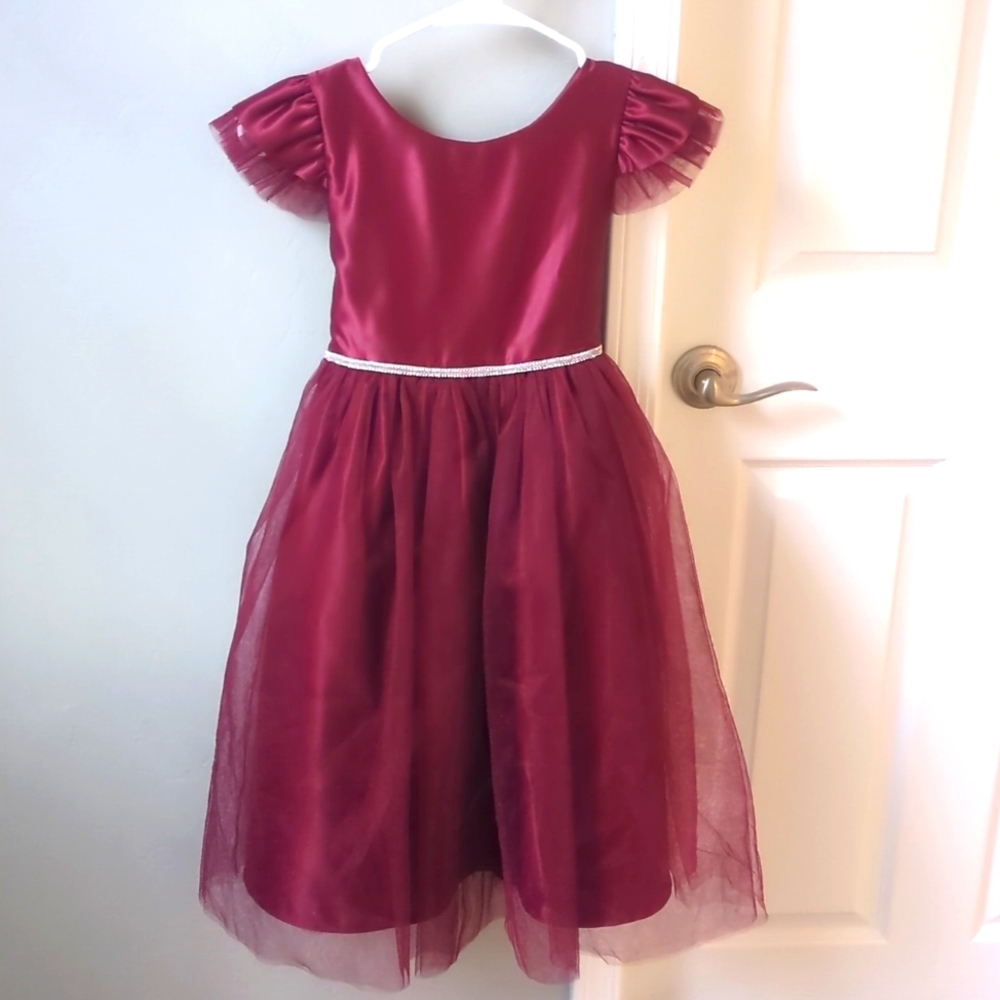 Girls burgundy formal dress with rhinestone belt, size 8